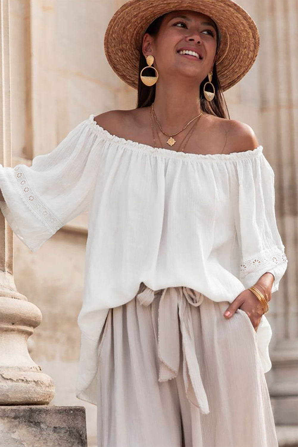 Frilly Off Shoulder Lace Insert Sleeve Textured Blouse