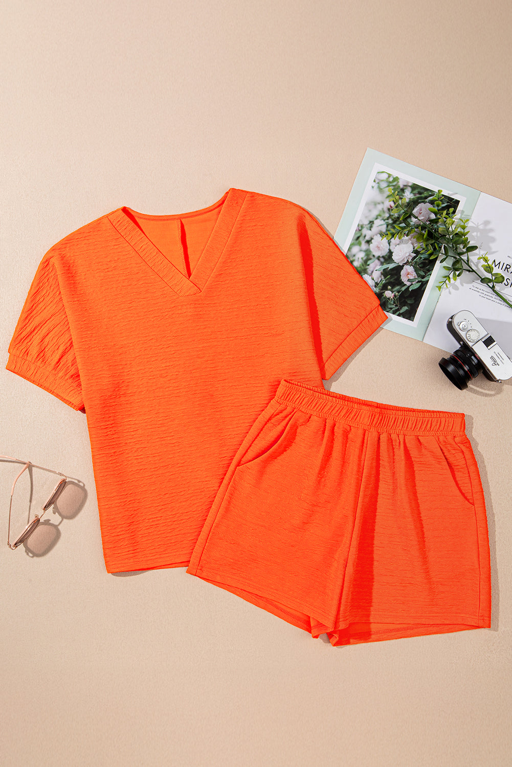 Textured V Neck T Shirt and Shorts Set