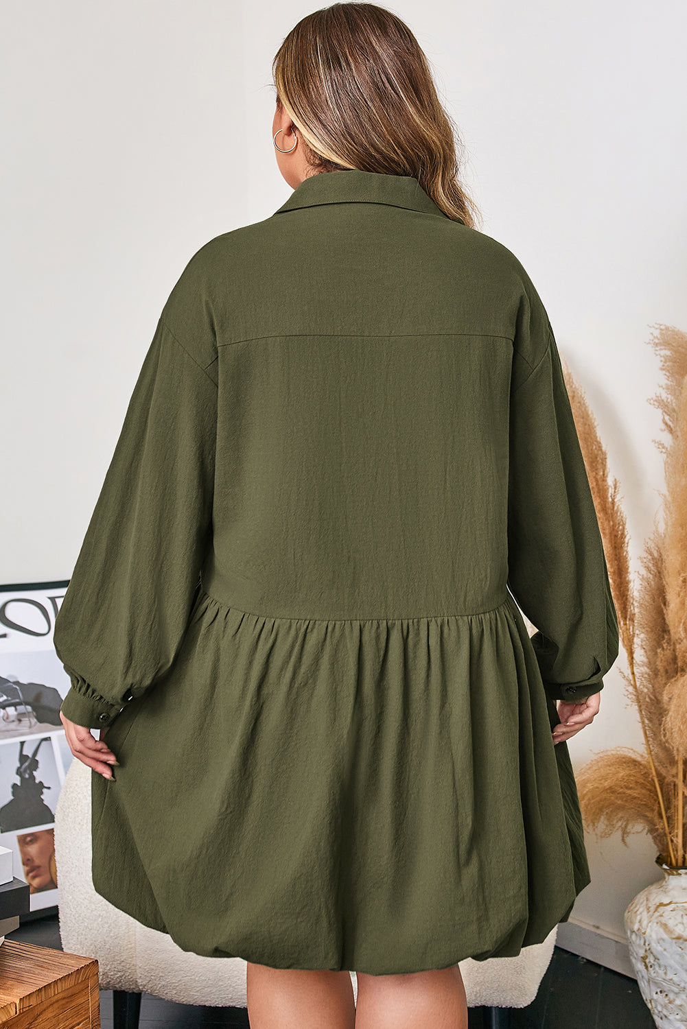 Plus Size Collar Half Button Long Sleeve Ruffle Hem Mini Dress