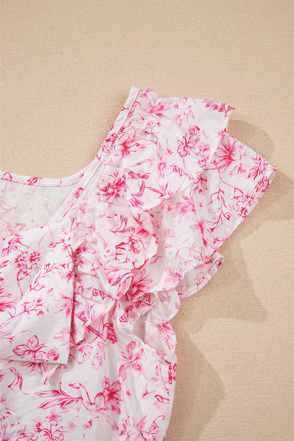 Floral Ruffled Short Sleeve Bow Back Square Neck Blouse