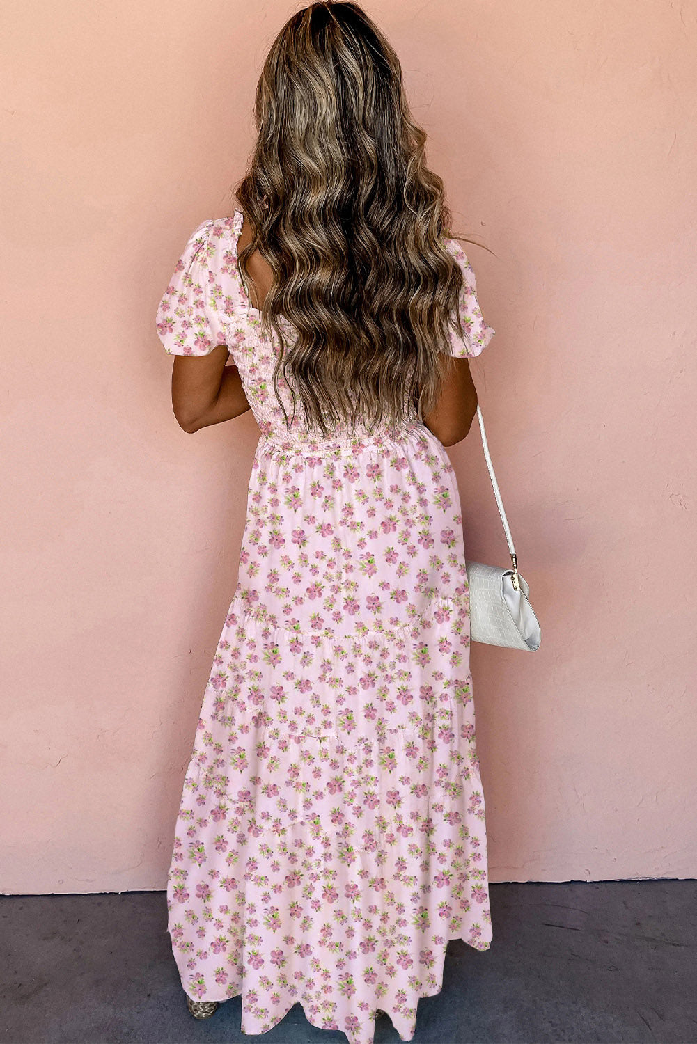 Frilly Shirred Bodice Tiered Floral Maxi Dress