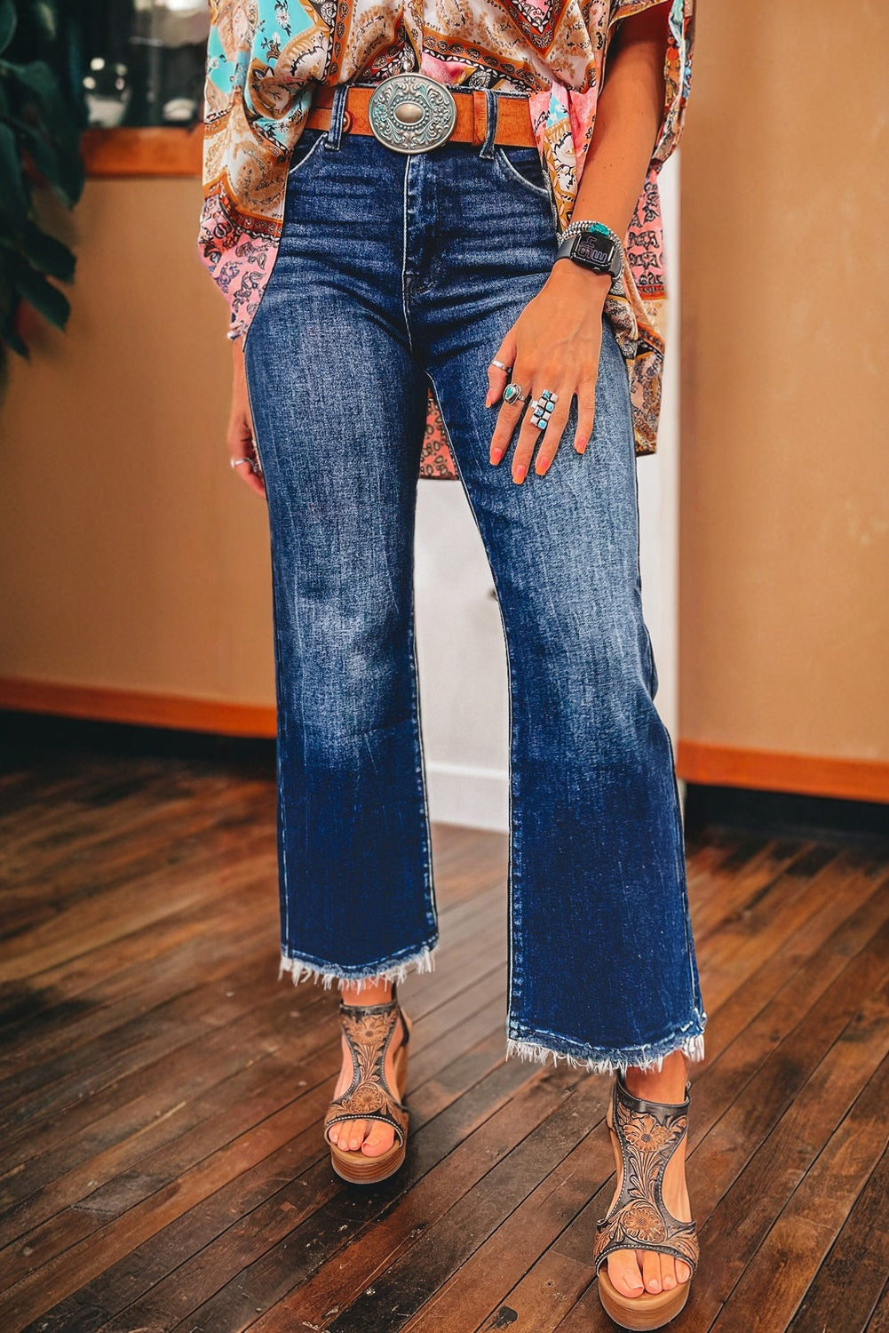 Mineral Wash Raw Hem High Waist Flared Jeans