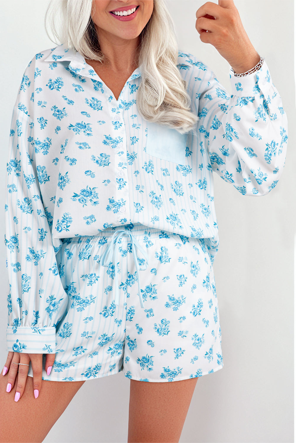 Floral Striped Print Contrast Patched Pocket Shirt and Shorts Set