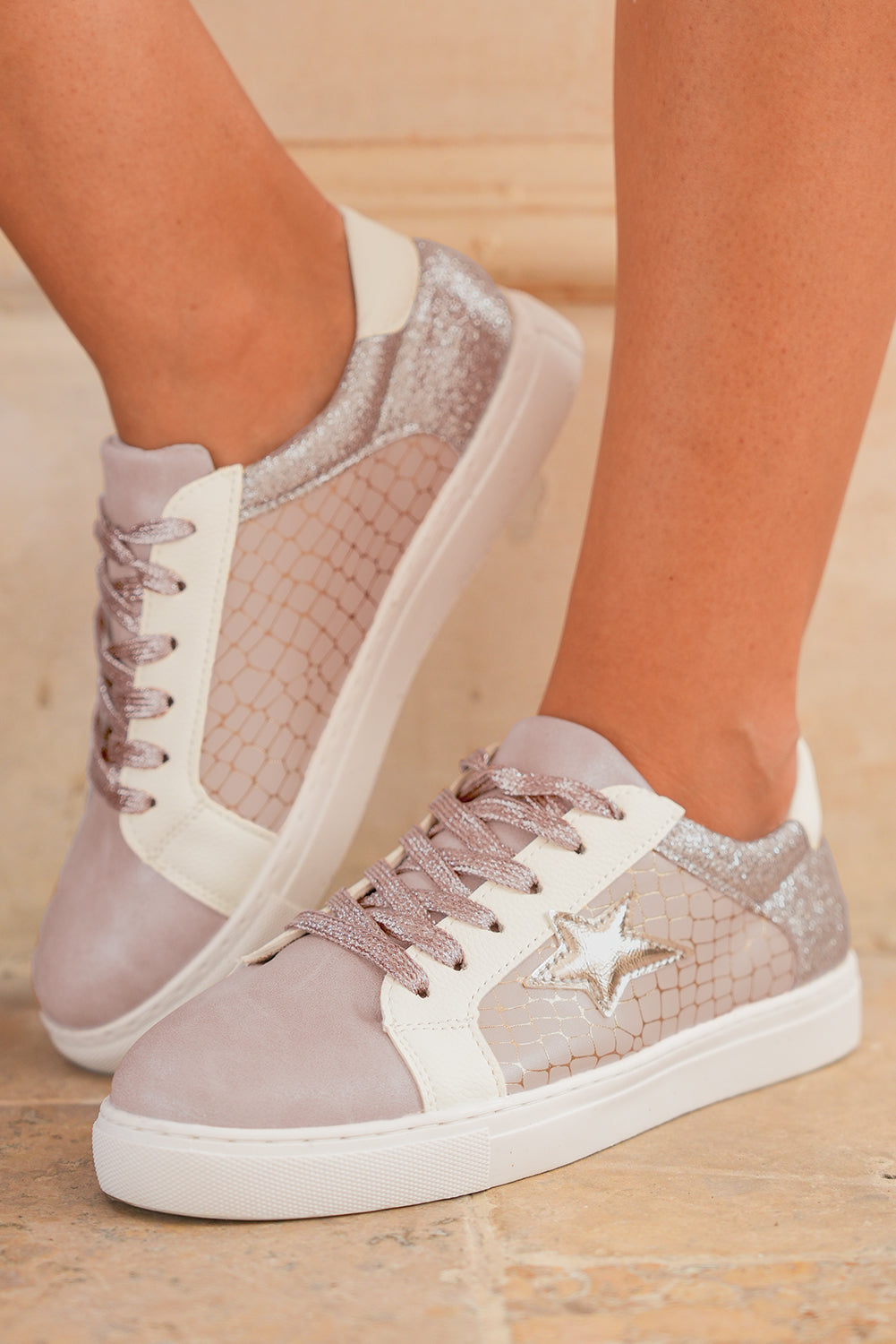 Glitter Star Patchwork PU Leather Lace-up Sneakers