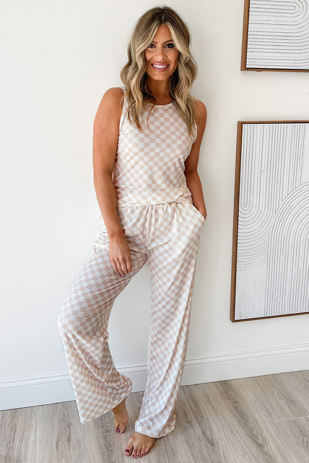 Ribbed Texture Checkered Print 2pcs Tank and Pants Set