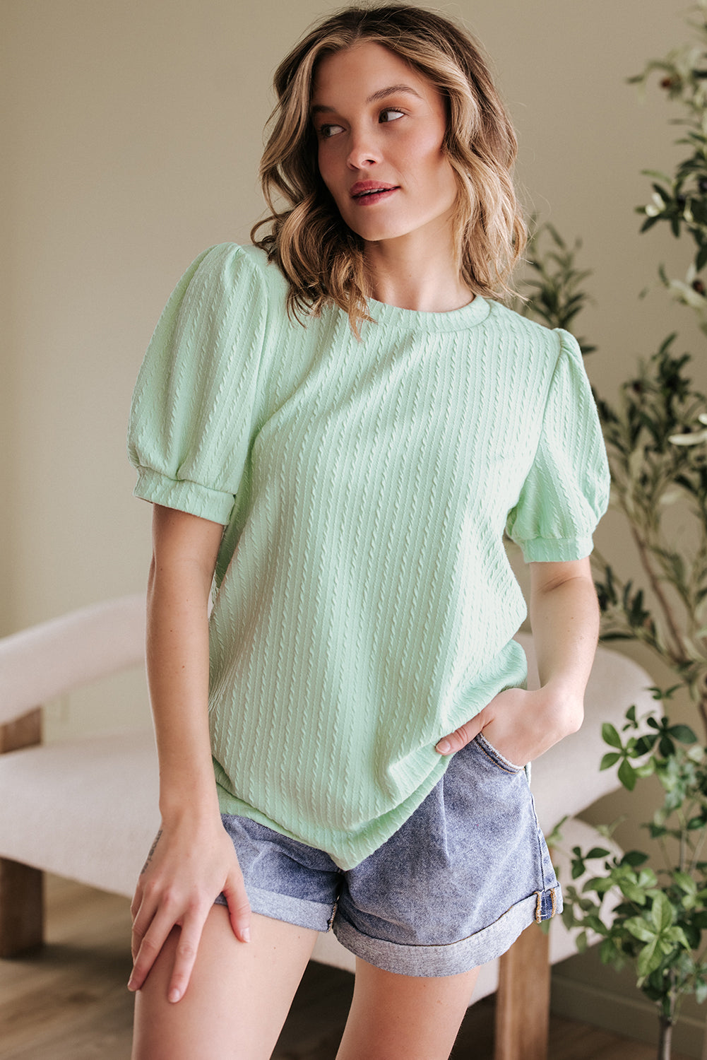 Textured Round Neck Short Puff Sleeve Top