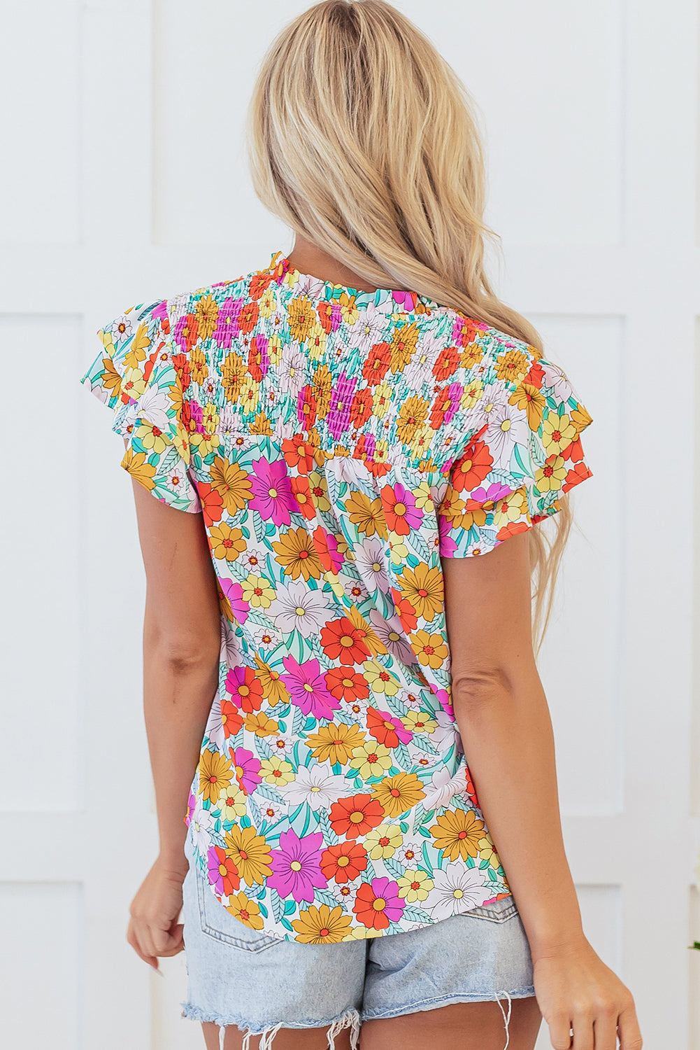 Floral Print Shirred Tiered Ruffled Sleeve Blouse