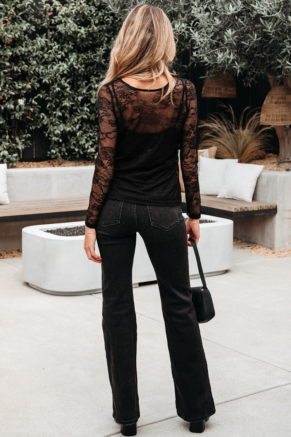 Lace Crochet Mesh Patched Slim Fit Long Sleeve Top