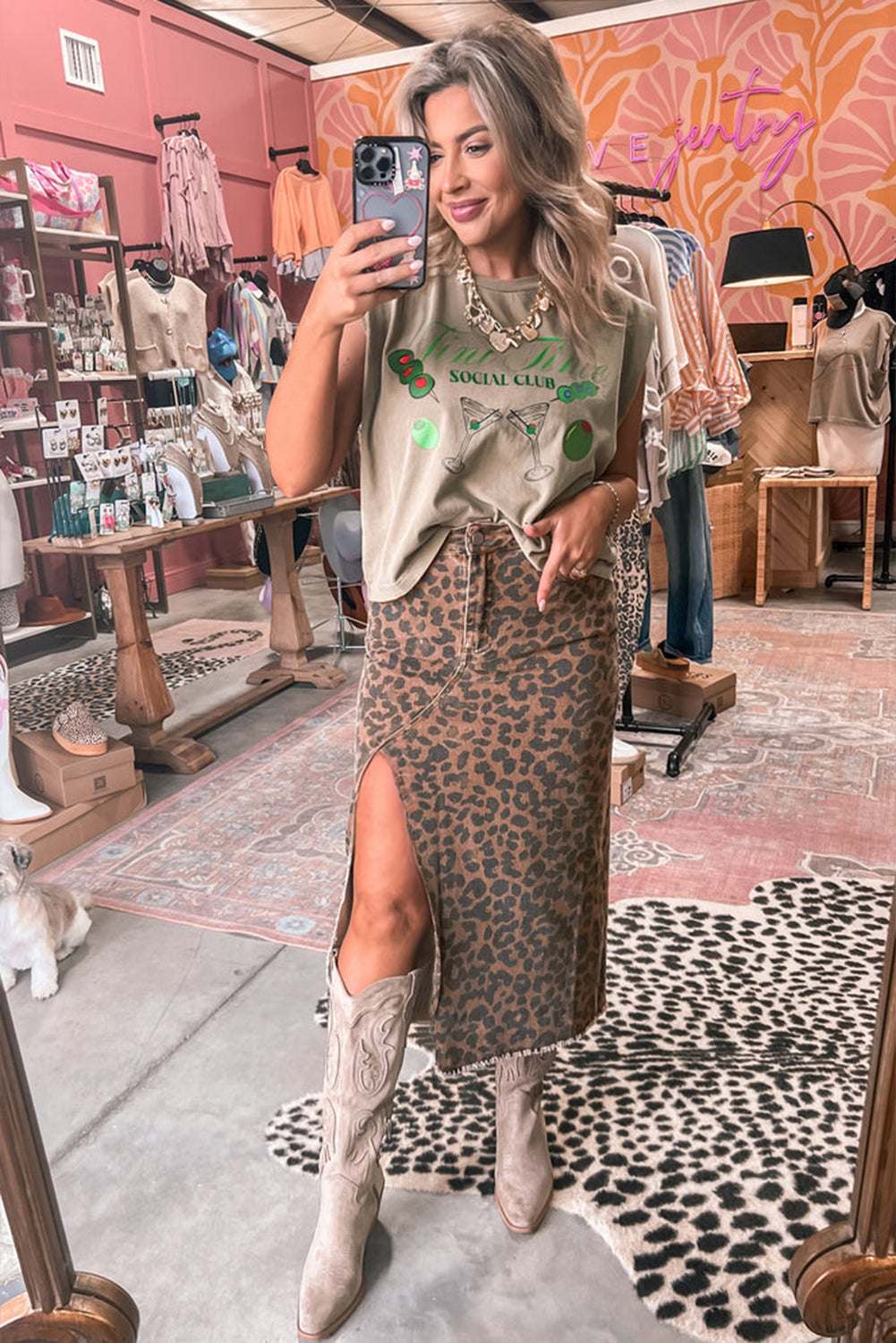 Leopard Denim Frayed Split Denim Midi Skirt