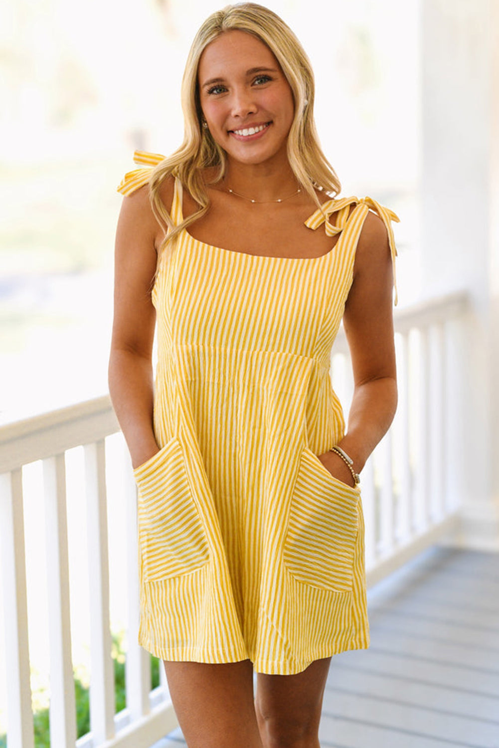 Stripe Shoulder Tie Smocked Back Wide Leg Casual Romper