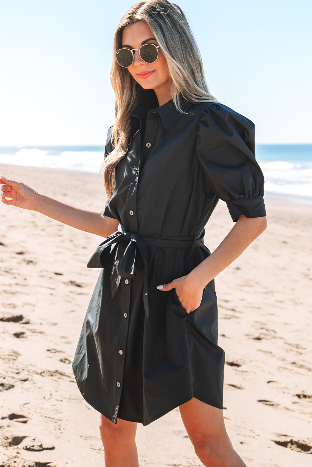 Button Up Tie Waist Puff Sleeve Mini Dress