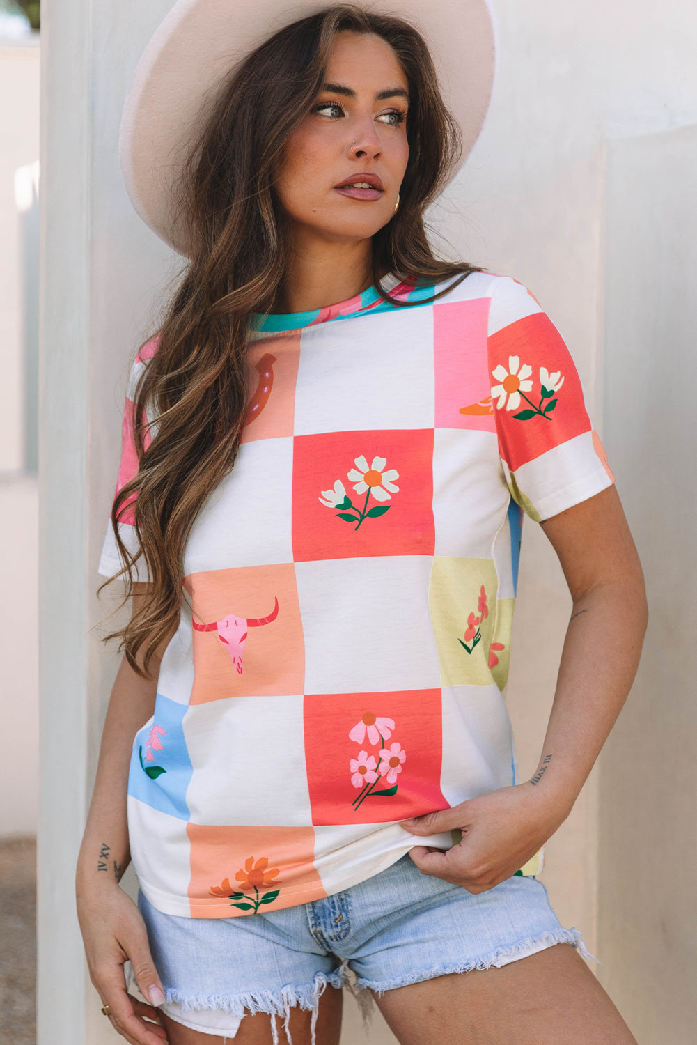 Western Fashion Checker Print Crewneck T Shirt