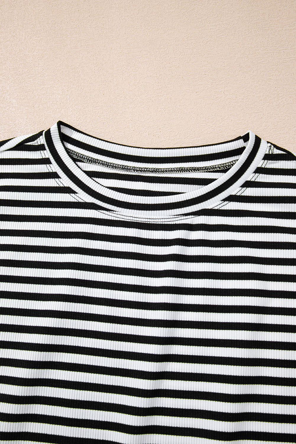 Stripe Ribbed Cap Sleeve Round Neck T Shirt