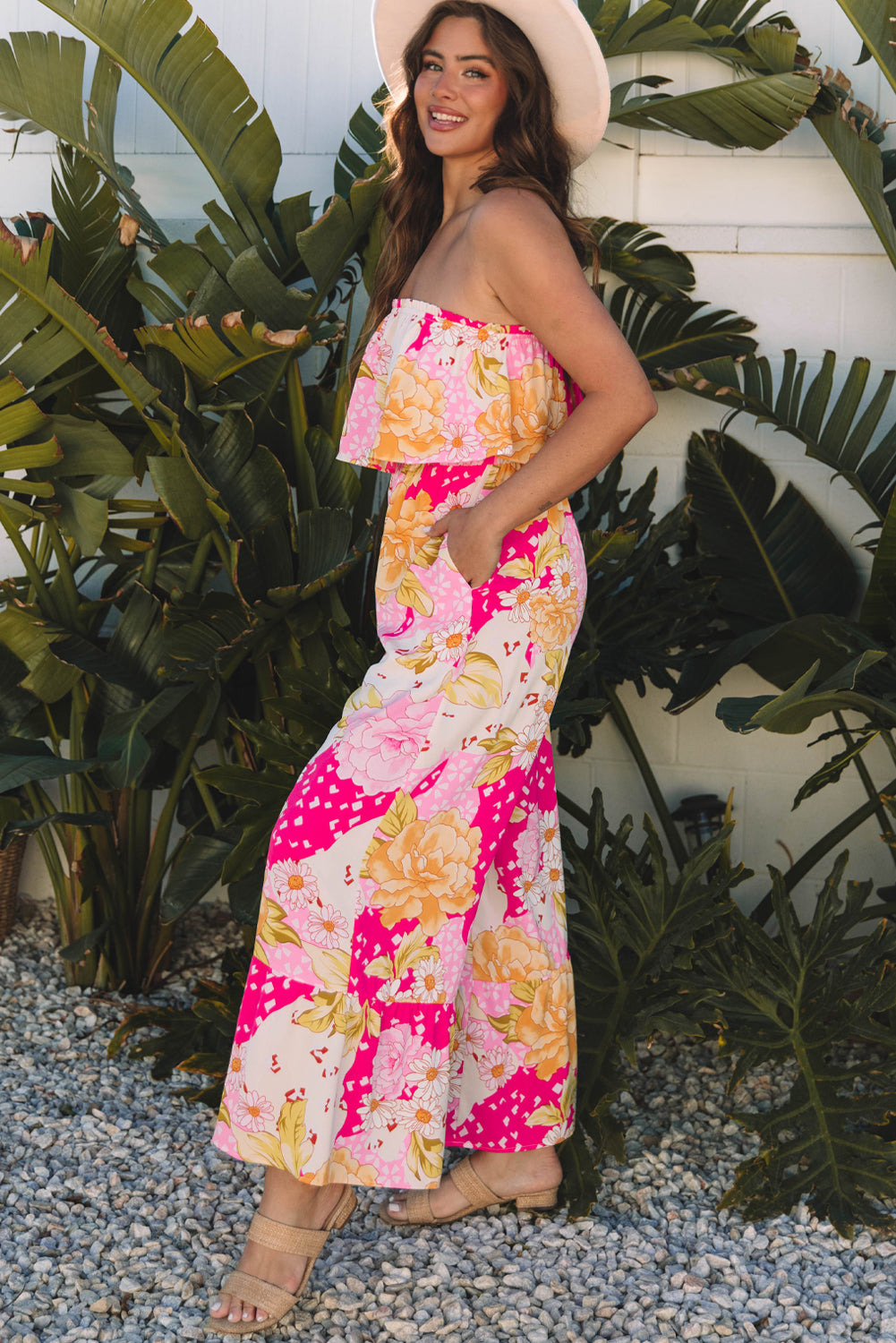 Floral Print Ruffled High Waist Tube Top Loose Jumpsuit