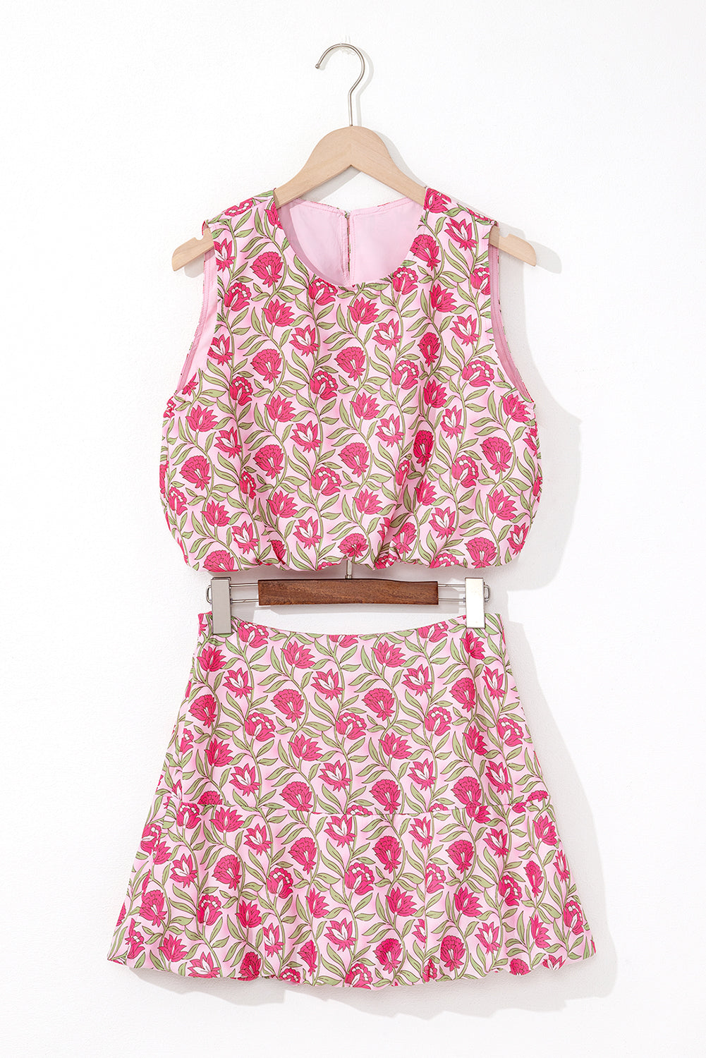 Floral Print Puffy Cropped Tank and Mini Skirt Set