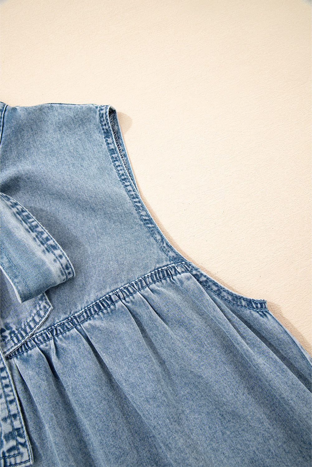 Bowknot Neck Sleeveless Ruffled Chambray Dress