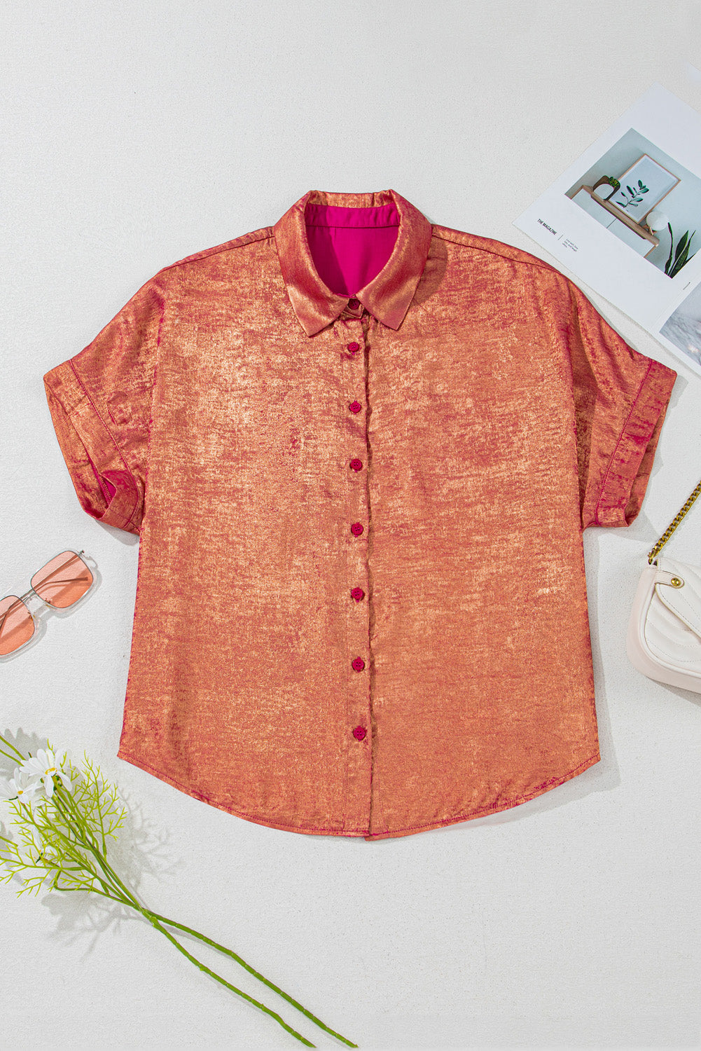 Plus Size Metallic Sheen Short Sleeve Button Up Shirt