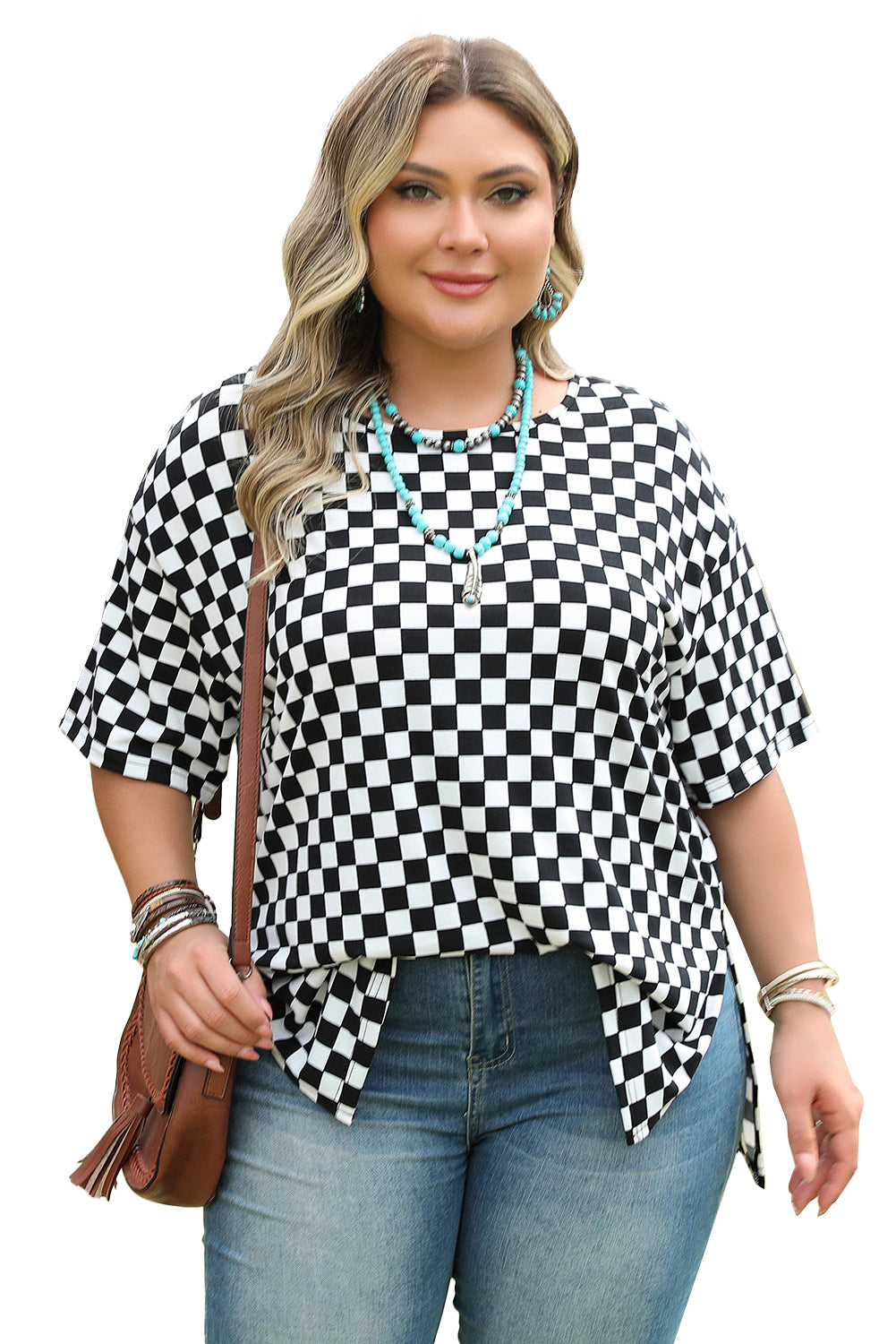Checkered Print Side Slits O Neck Plus Size T Shirt