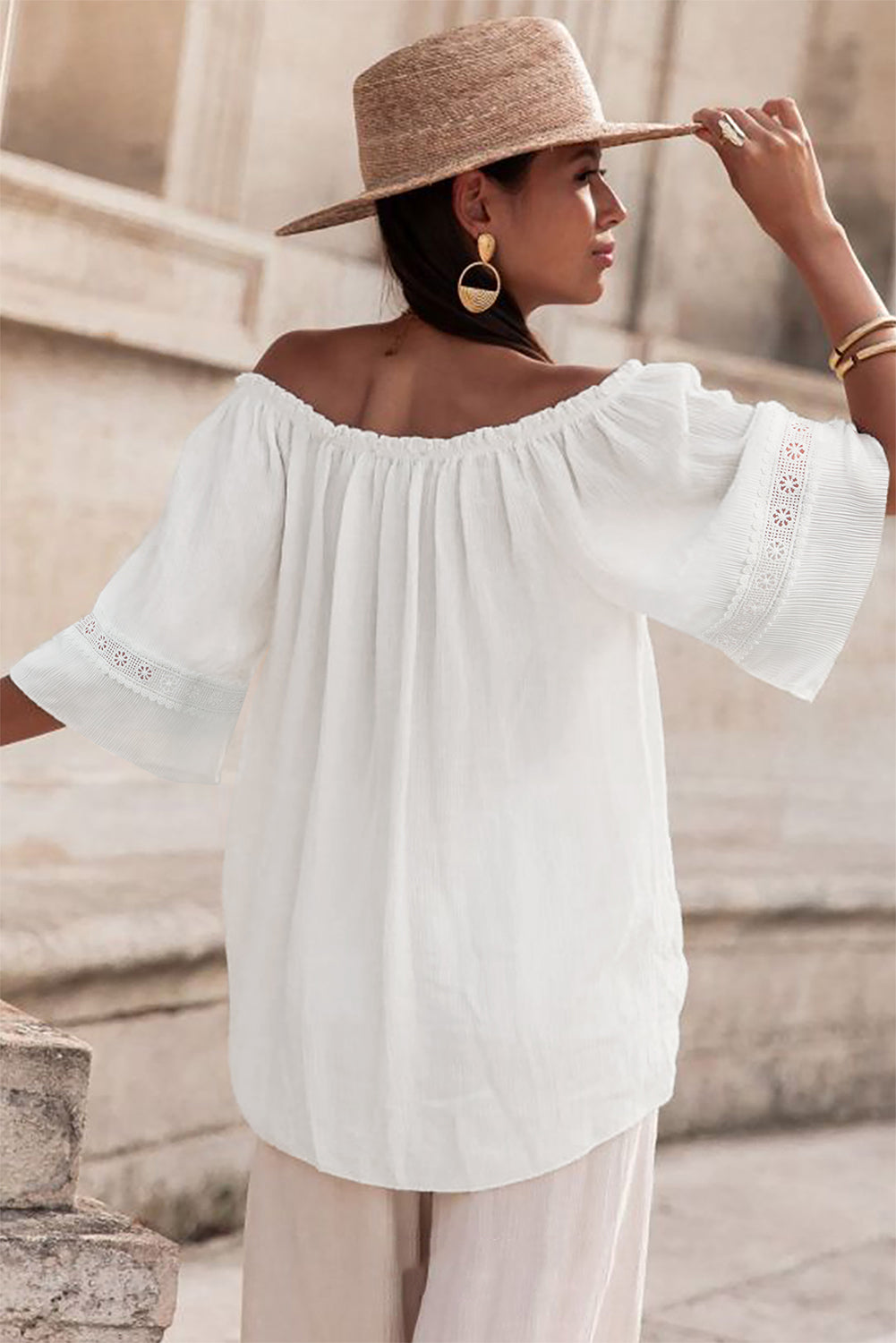 Frilly Off Shoulder Lace Insert Sleeve Textured Blouse