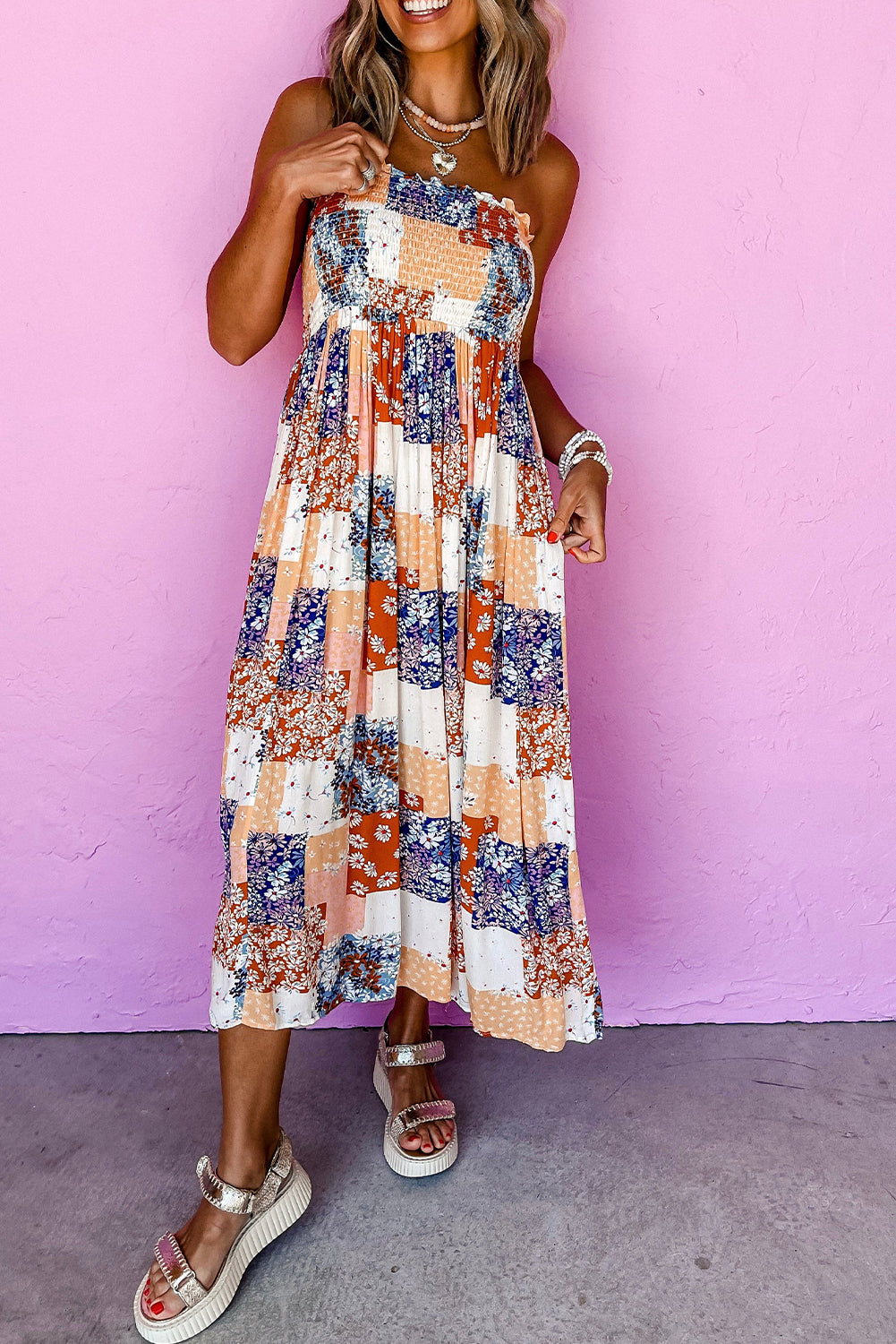 Floral Patchwork Printed Frilled Bandeau Smocked High Waist Long Dress