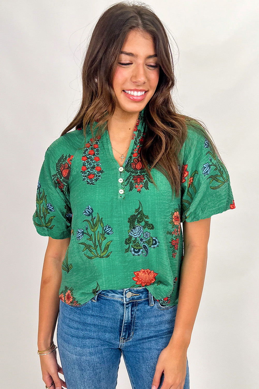 Floral Print Buttoned V Neck Short Sleeve Blouse