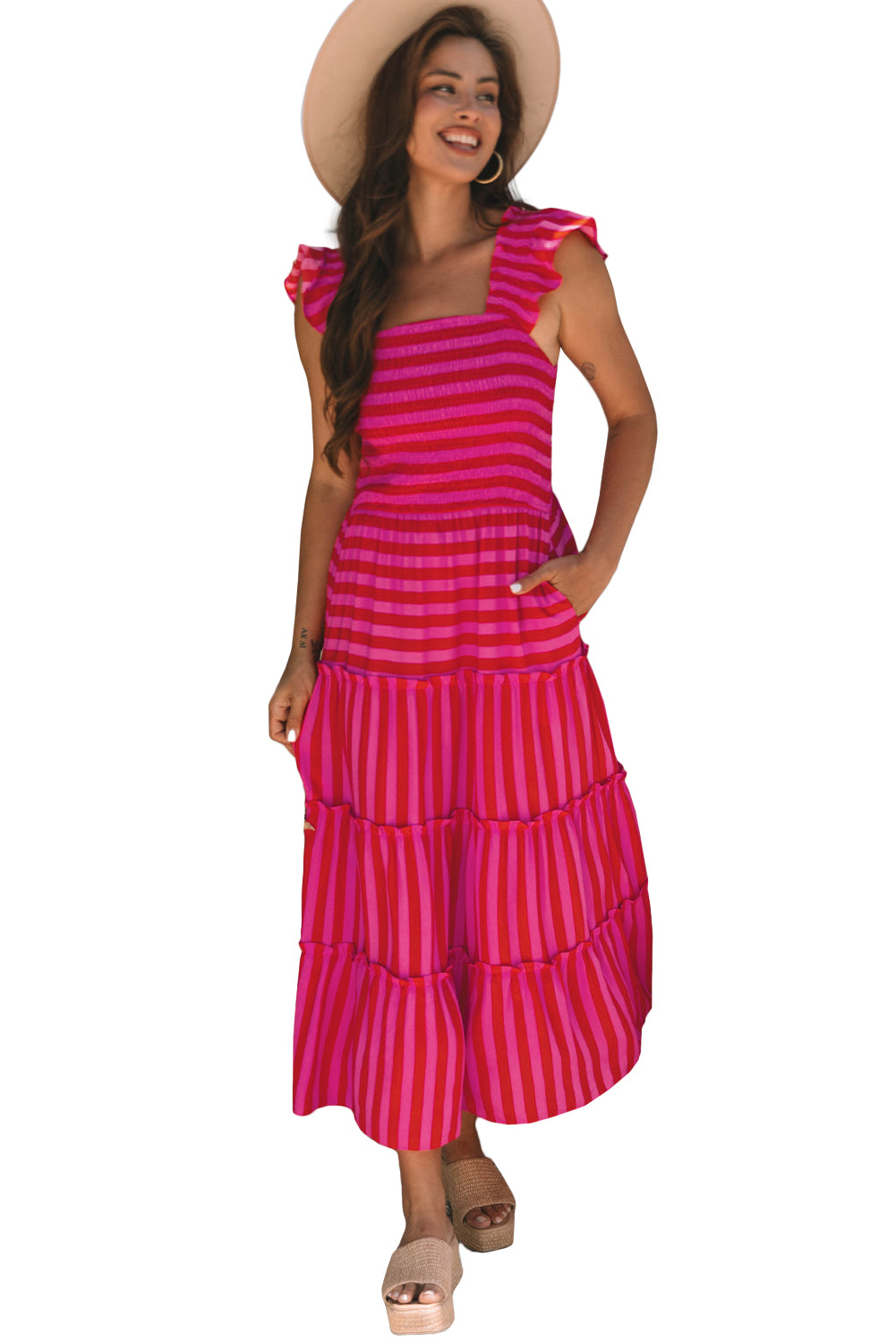Stripe Flutter Sleeve Smocked Bodice Tiered Maxi Dress