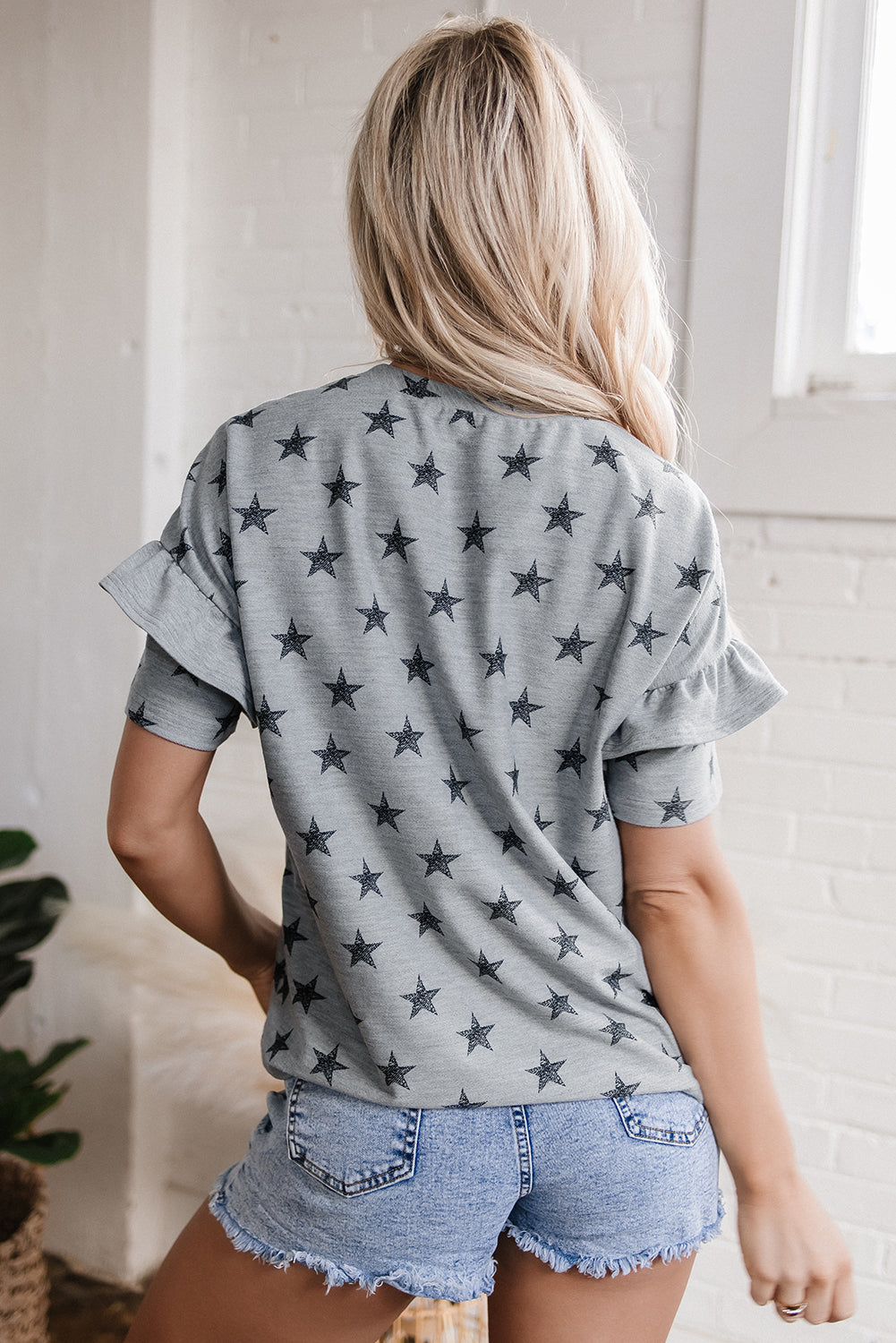 Star Print Tiered Ruffled Sleeve Crew Neck T Shirt