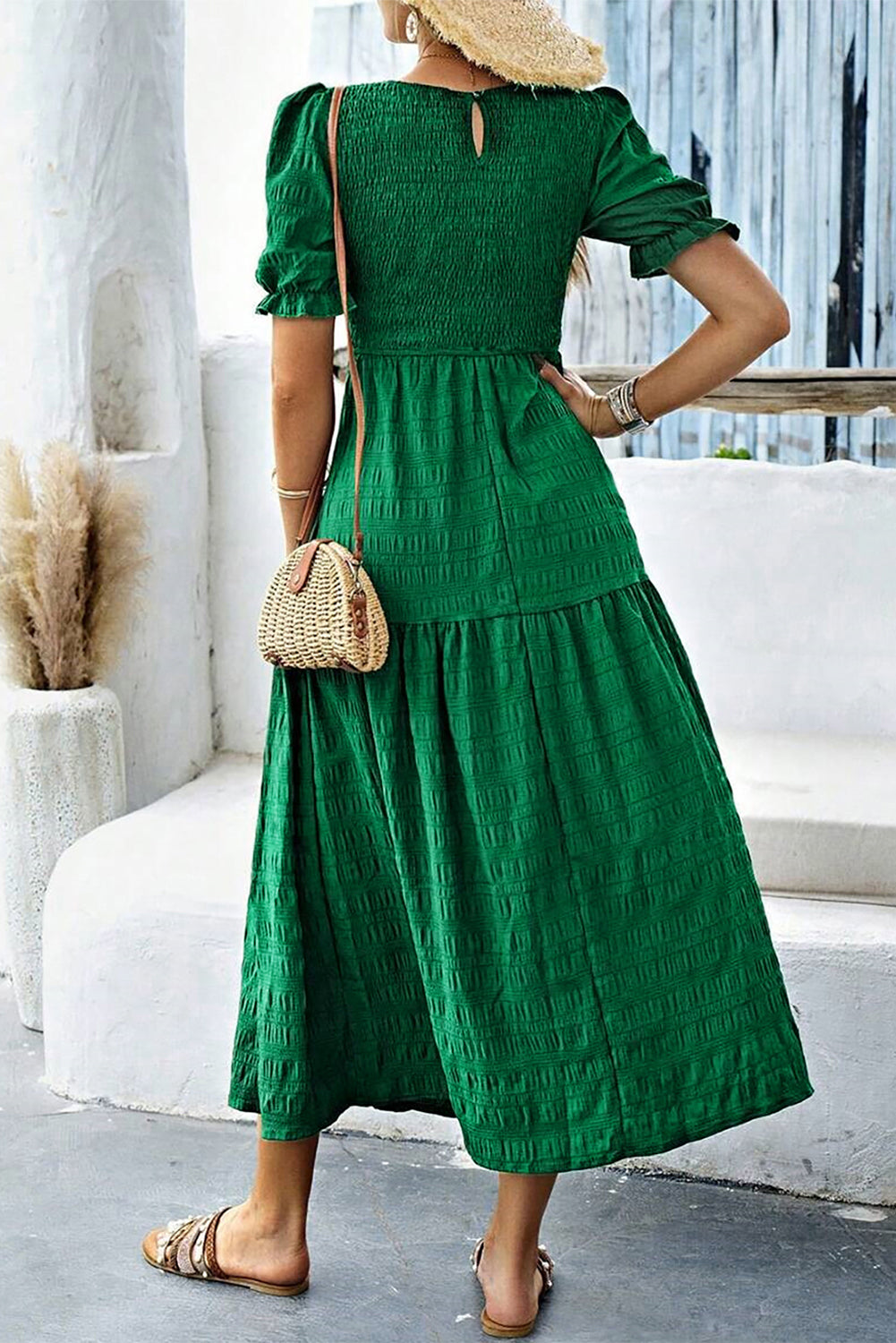 Solid Textured Smocked Puff Short Sleeve High Waist Long Dress
