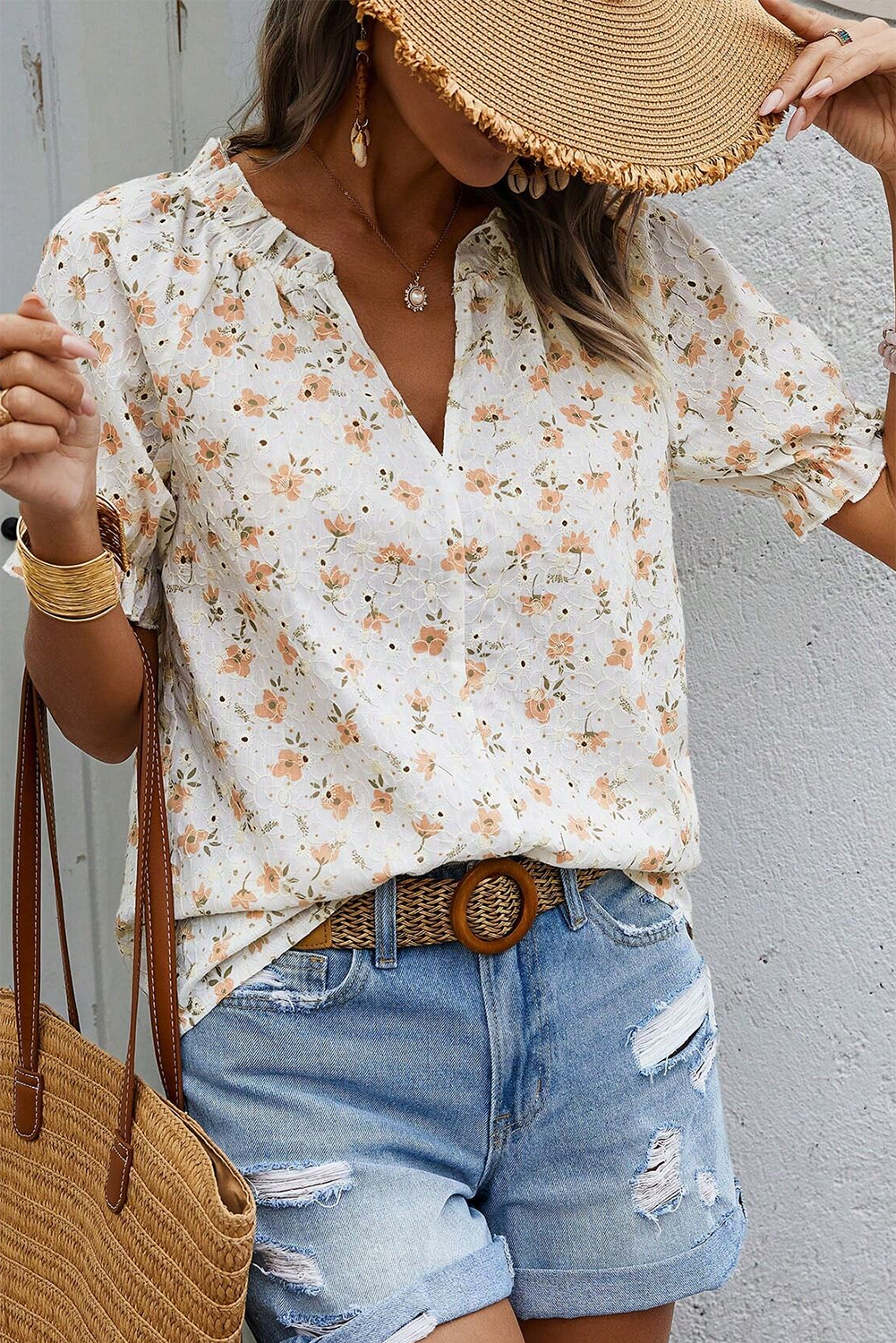 Floral Eyelet Embroidered Puff Sleeve Notch V Neck Blouse