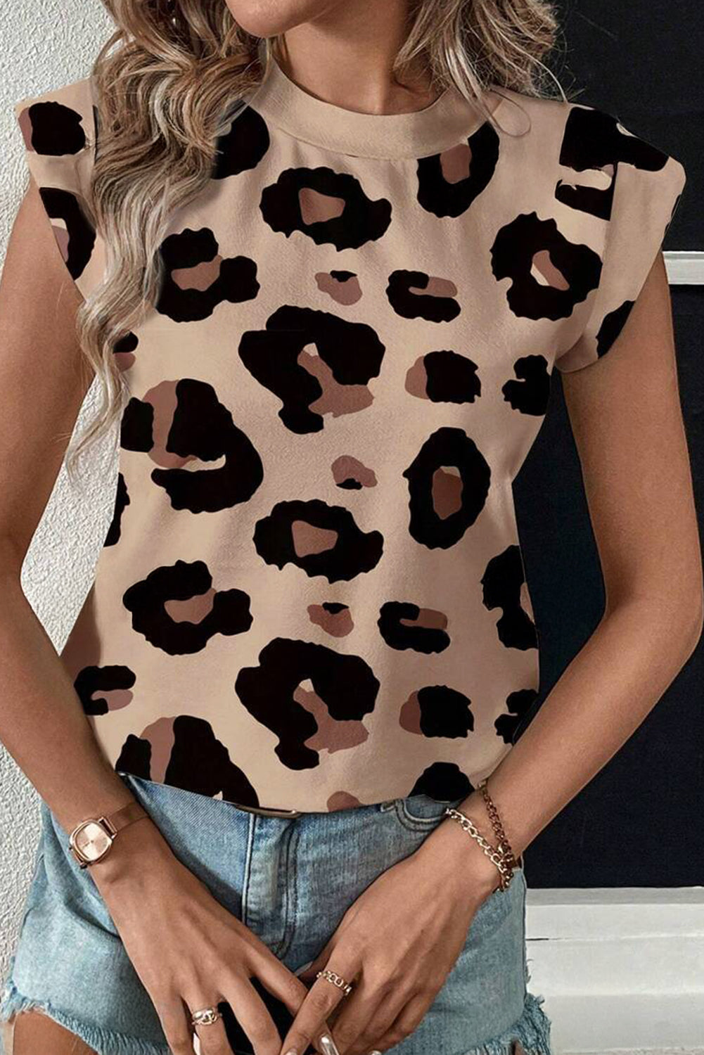 Leopard Crew Neck Cap Sleeve Casual Tee