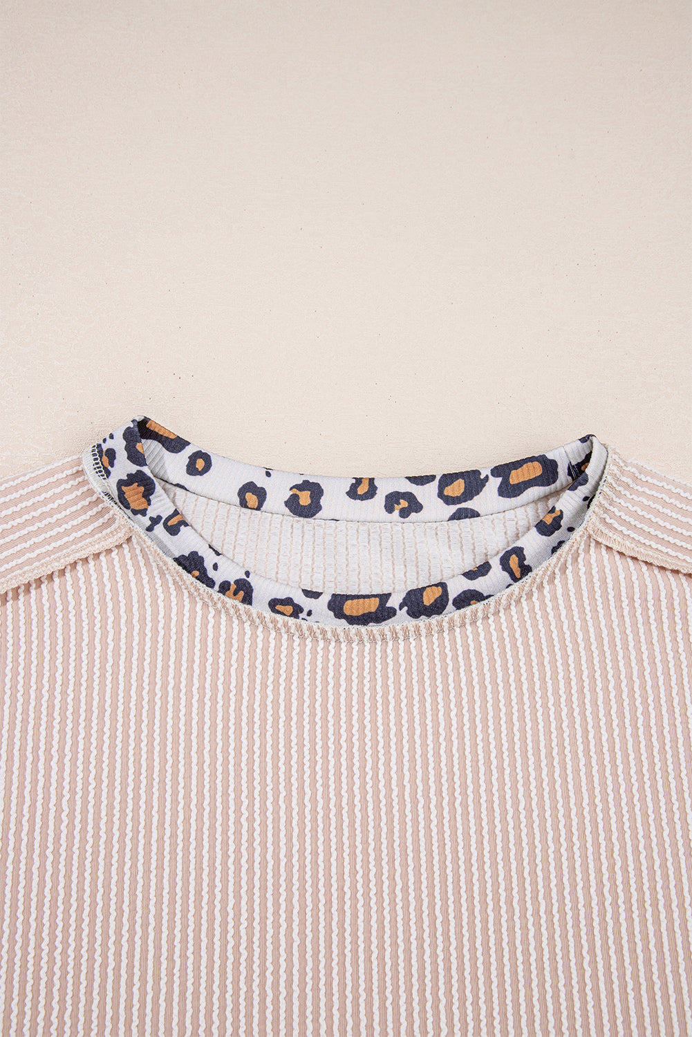 Leopard Patchwork Corded Knit Crew Neck T Shirt