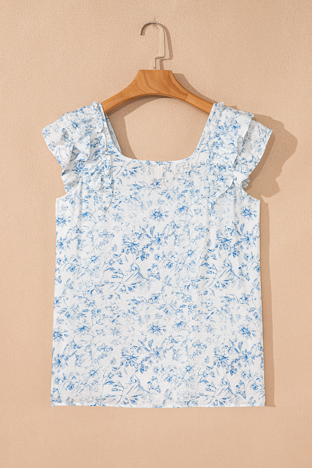 Floral Ruffled Short Sleeve Bow Back Square Neck Blouse