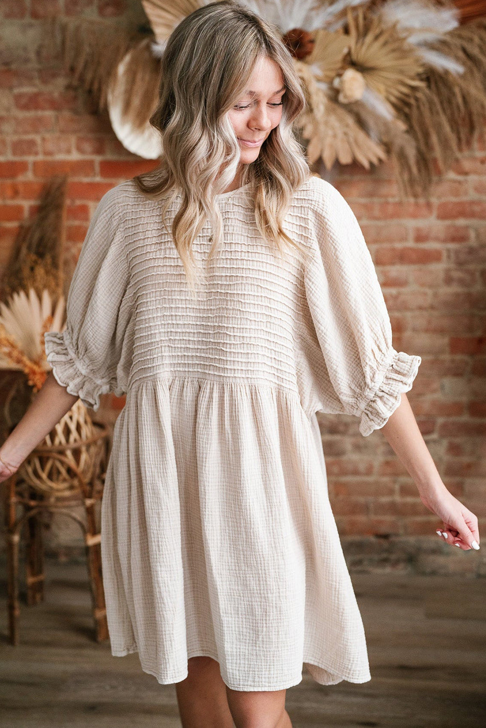 Textured Ruffled Puff Sleeve Loose Dress