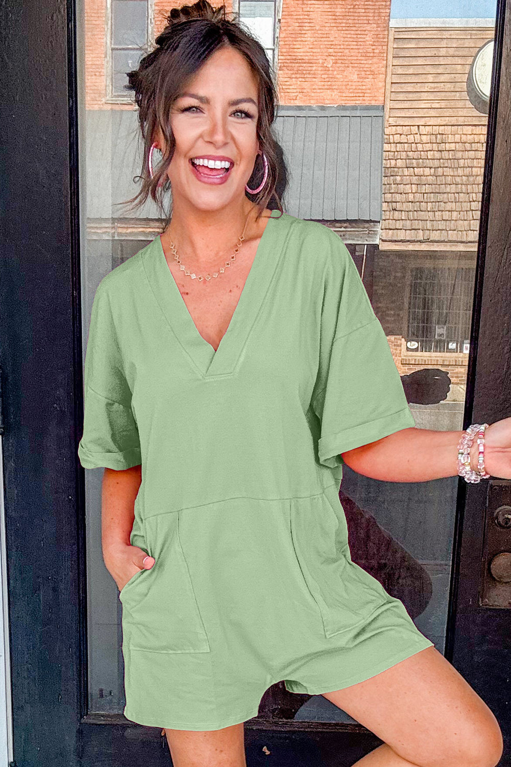 Loose Half Sleeve V Neck Knit Romper