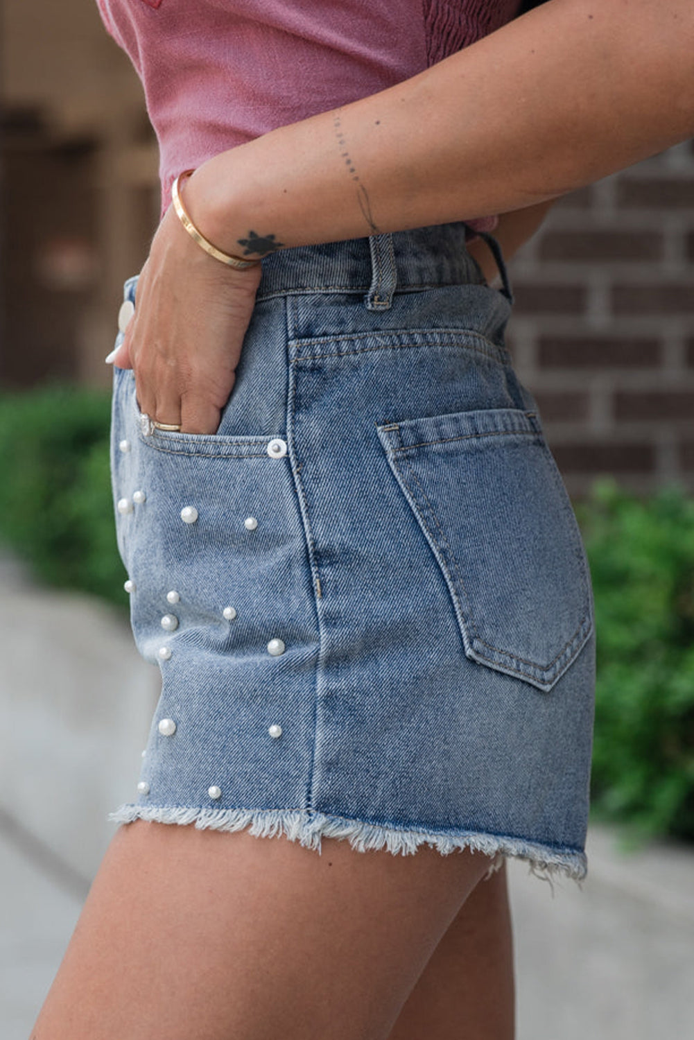 Pearl Beaded Raw Hem Medium Wash Denim Shorts