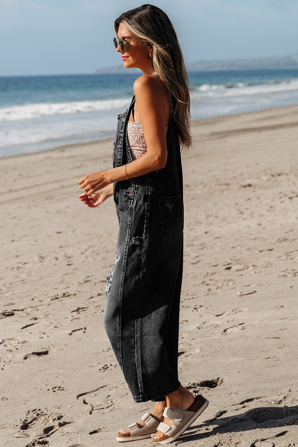 Distressed Bib Pocket Wide Leg Denim Overall