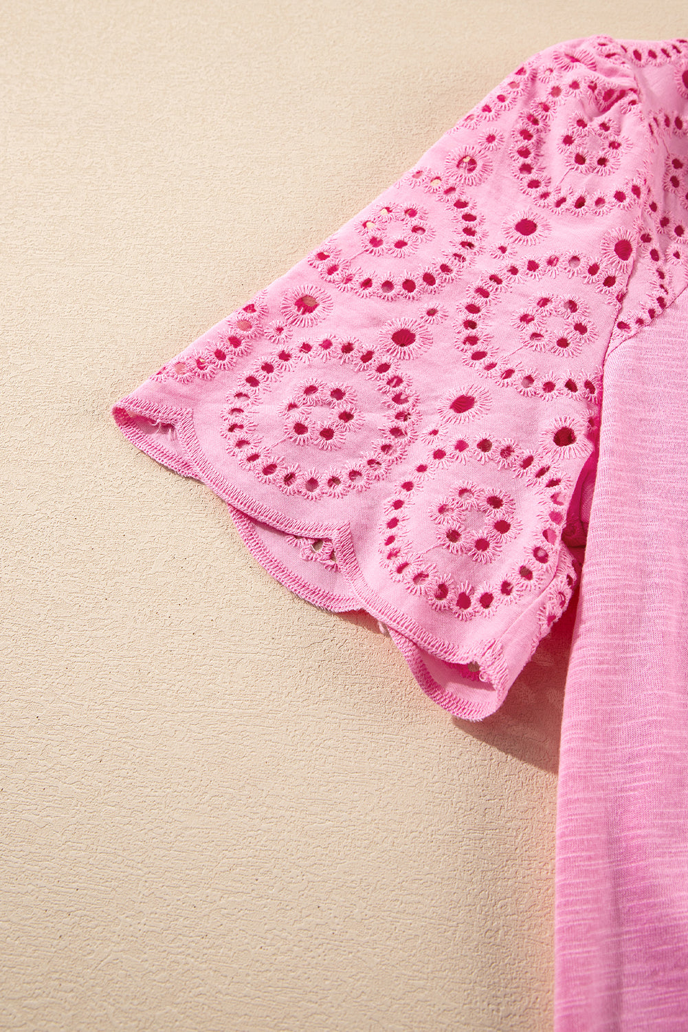 Eyelet Embroidery Scalloped Sleeve Round Neck T Shirt