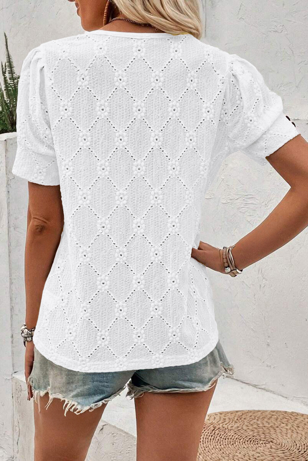 Flower Geometric Textured Button Short Sleeve Top