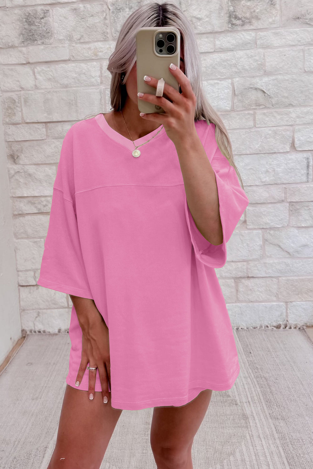 Solid Loose V Neck Half Sleeve Tee and Shorts