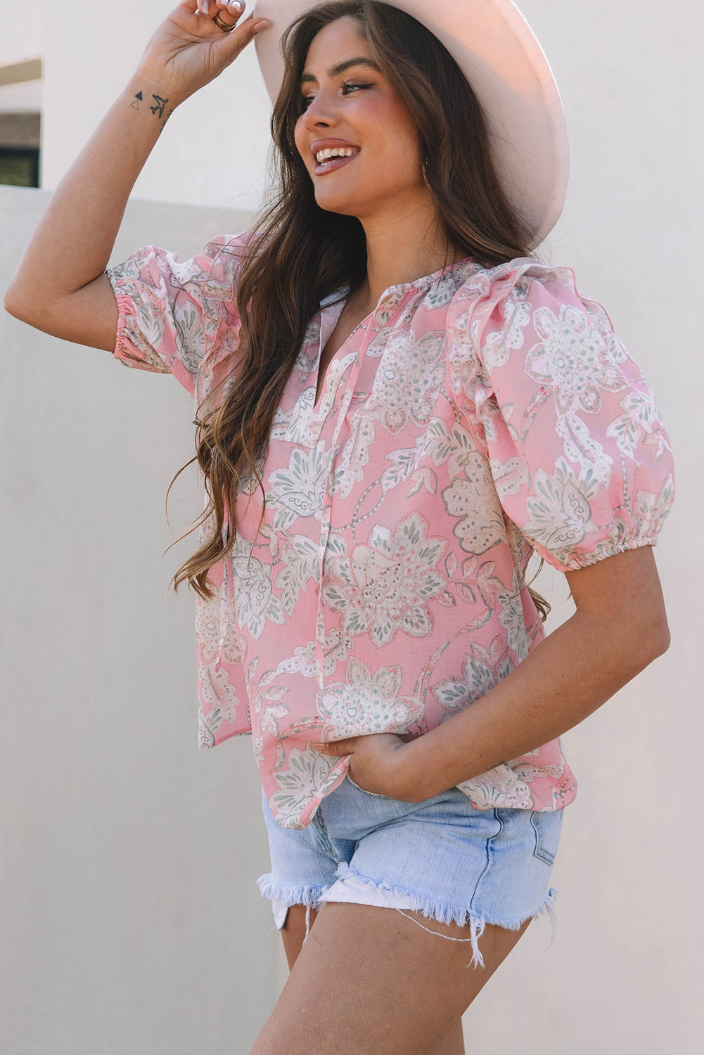 Floral Print Drawstring V Neck Puff Sleeve Loose Blouse