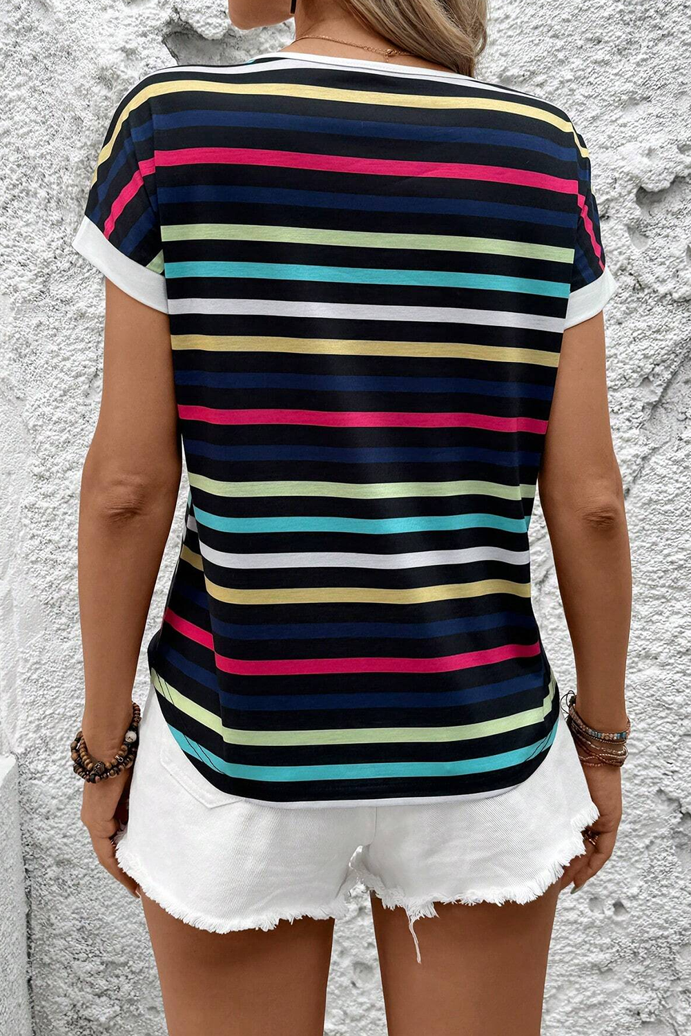 Stripe Multicolor Contrast Edge Crew Neck T Shirt