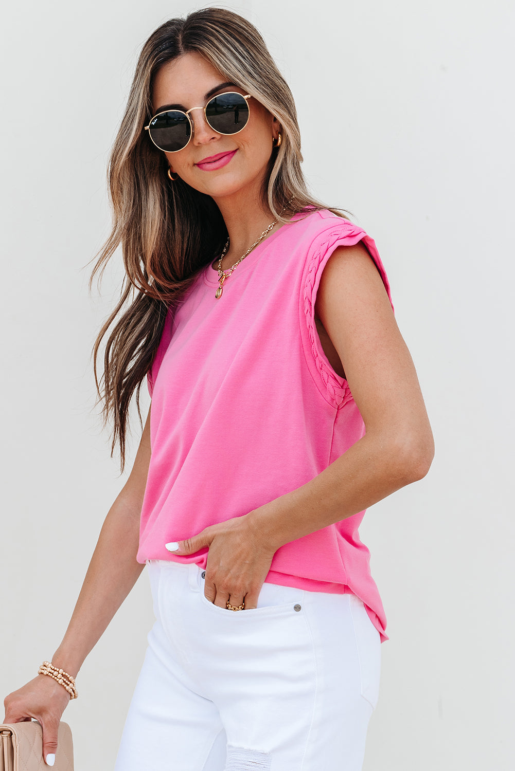 Braided Cap Sleeve Crew Neck T Shirt
