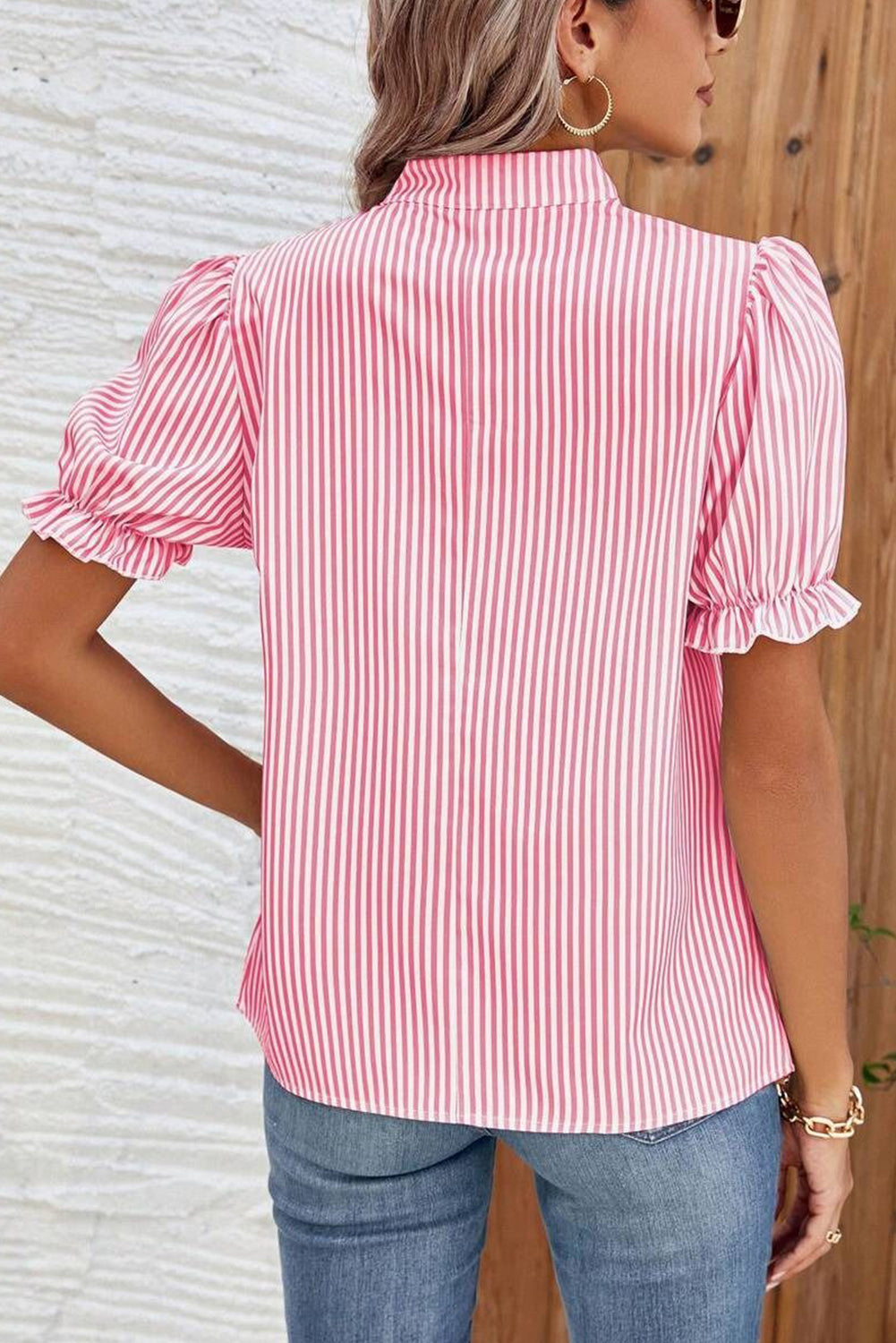 Stripe Notched Neck Frilled Short Puff Sleeve Blouse