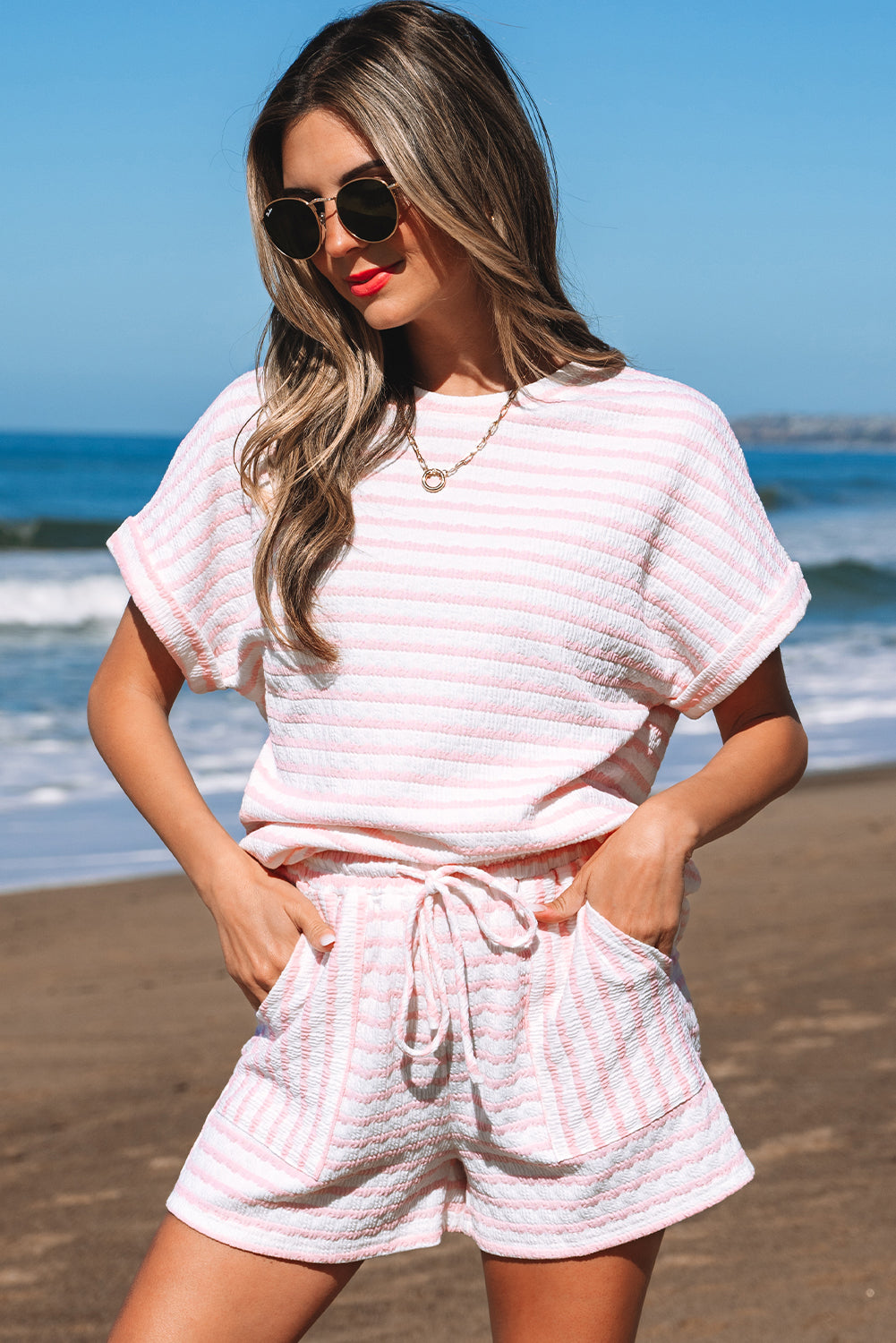 Knitted Short Sleeve Top and Drawstring Shorts Set
