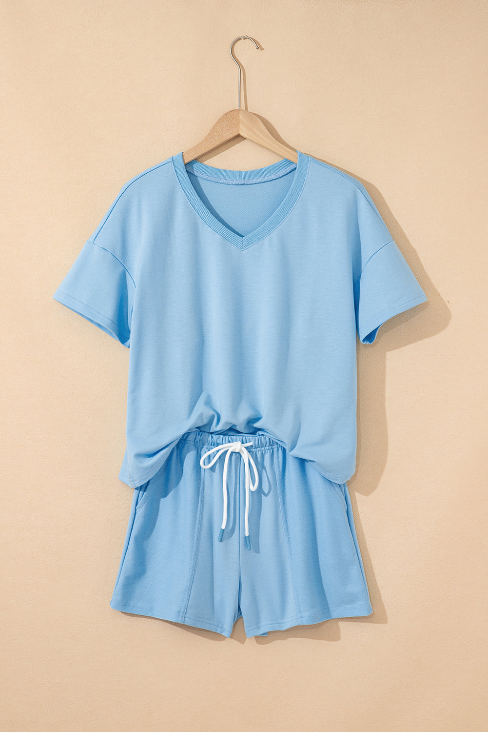 V Neck Drop Shoulder Tee and Patchwork Drawstring Shorts Set