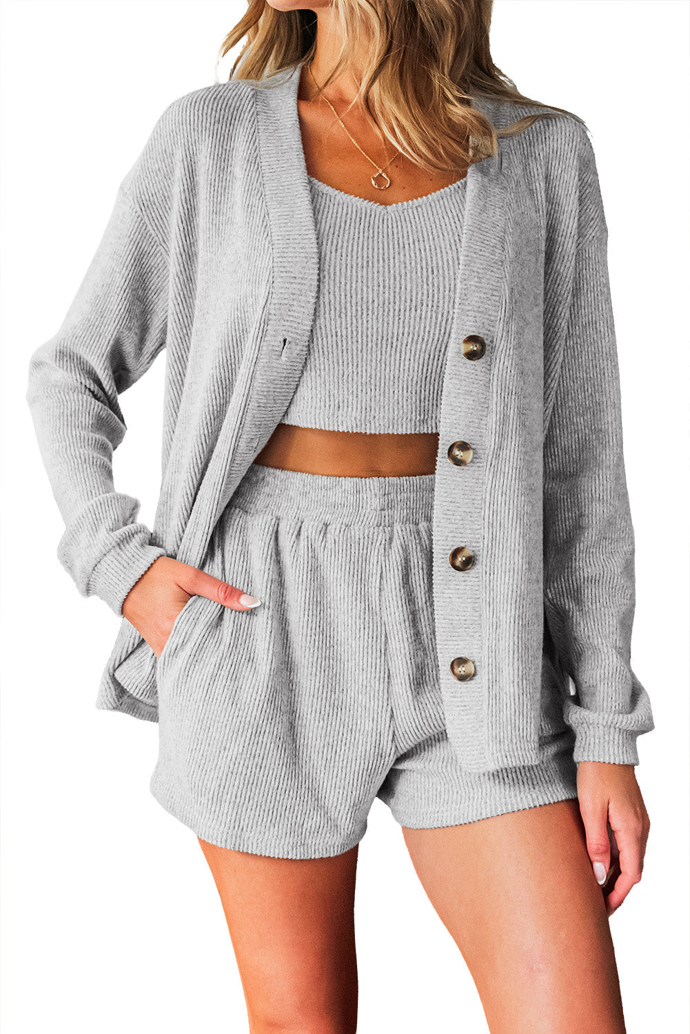 3 Pieces Rib Crop Camisole Matching Shorts Lounge Set with Cardigan