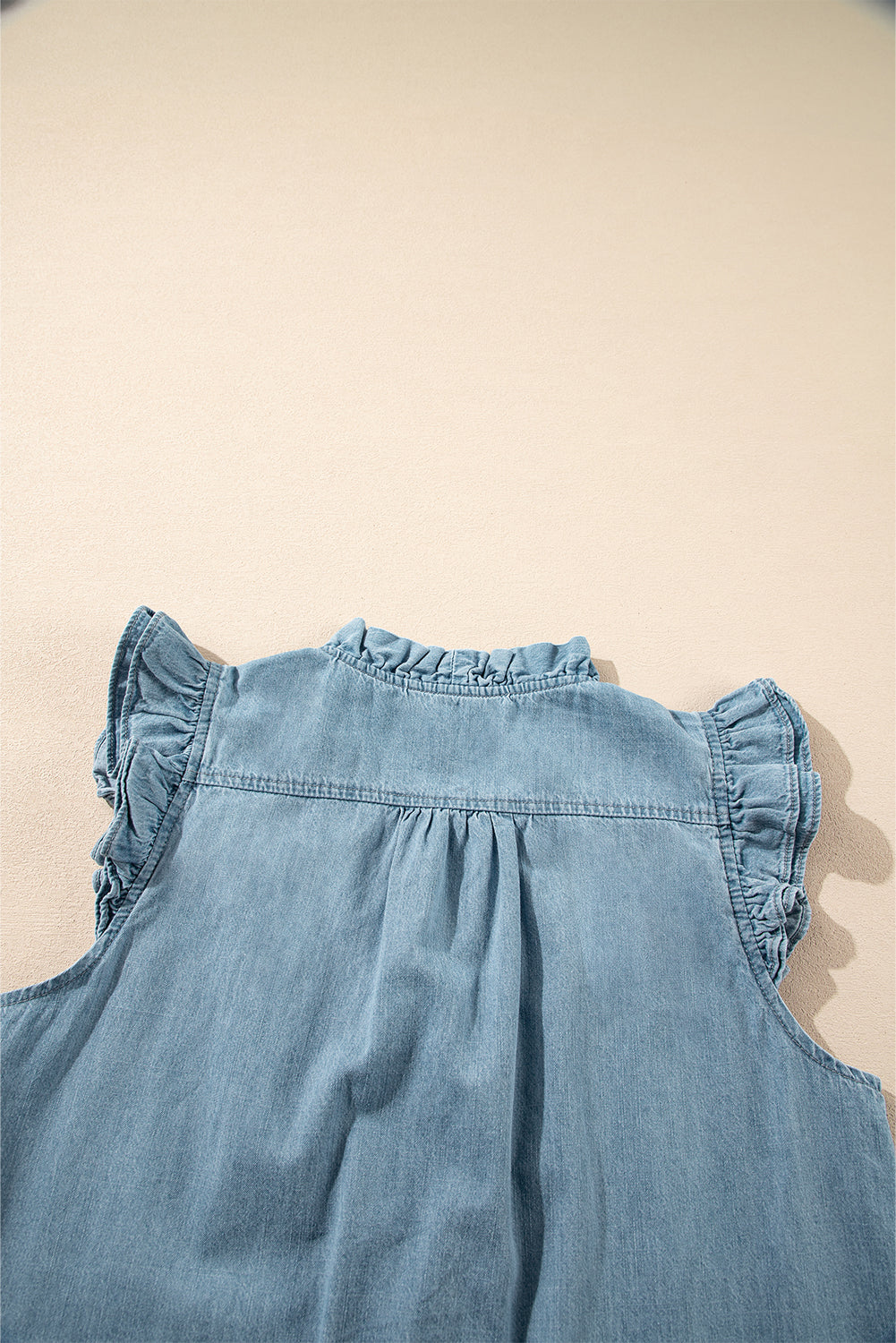 Frilly Ruffle Trim V Neck Chambray Tank Top