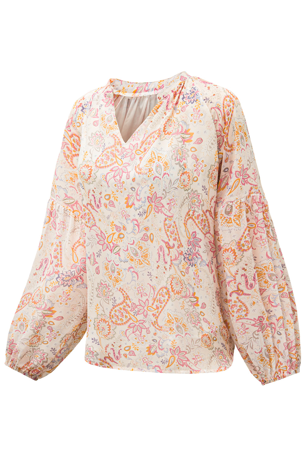 Floral Print V Neck Long Puff Sleeve Top