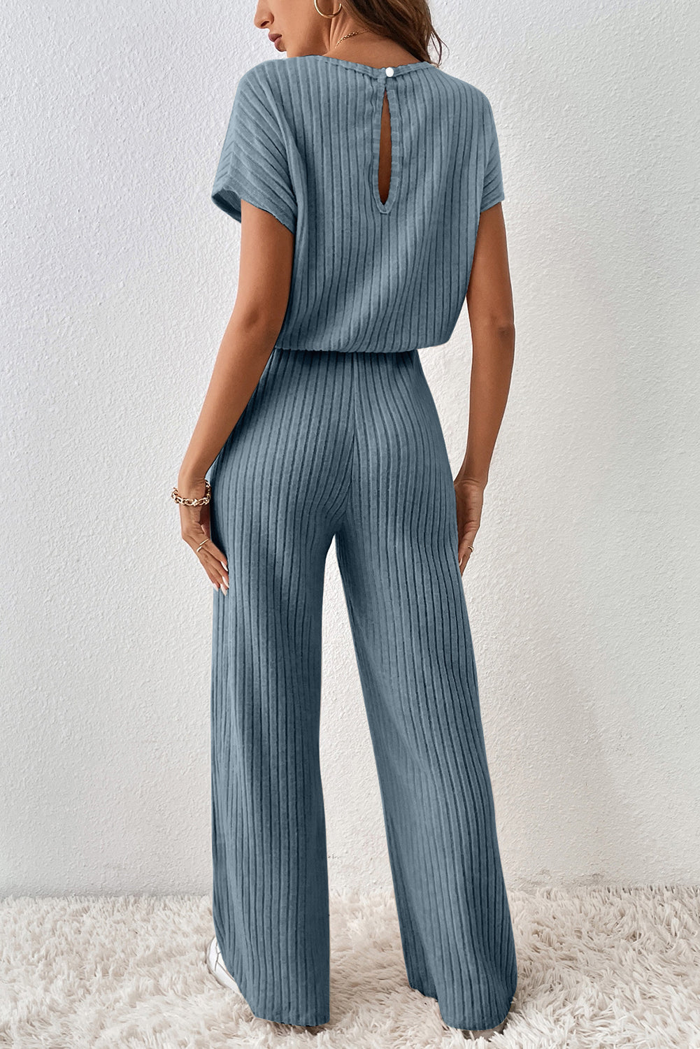 Ribbed Keyhole Short Sleeve Wide Leg Jumpsuit