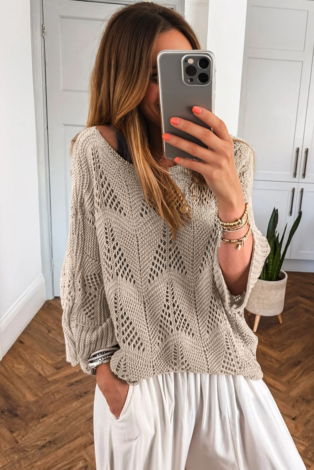 Hollow Out Knit 7/8 Sleeve Casual Sweater